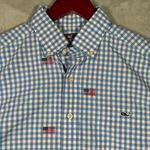 Vineyard Vines Shirt Mens Small Blue Gingham Flag Classic Fit Tucker Long Sleeve